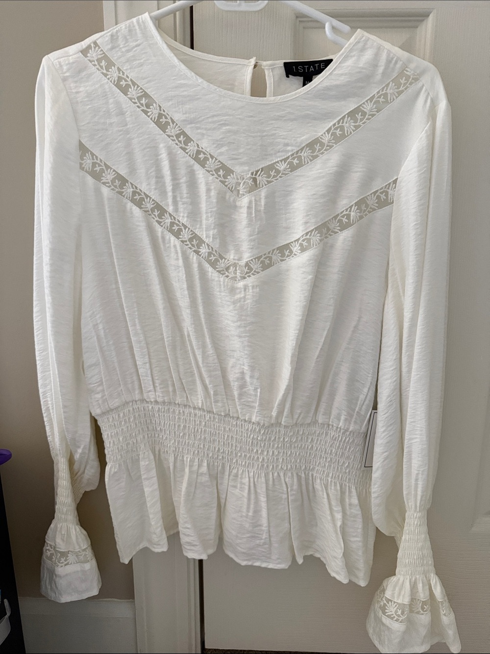 1. State Ivory Long-Sleeve Smocked Waist Peasant Blouse Dress
